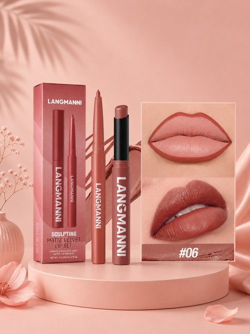 Integrated waterproof lipliner+lipstick lipstick lipstick set,no smudge,no fade,no cup,durable,easy to create a perfect makeup!