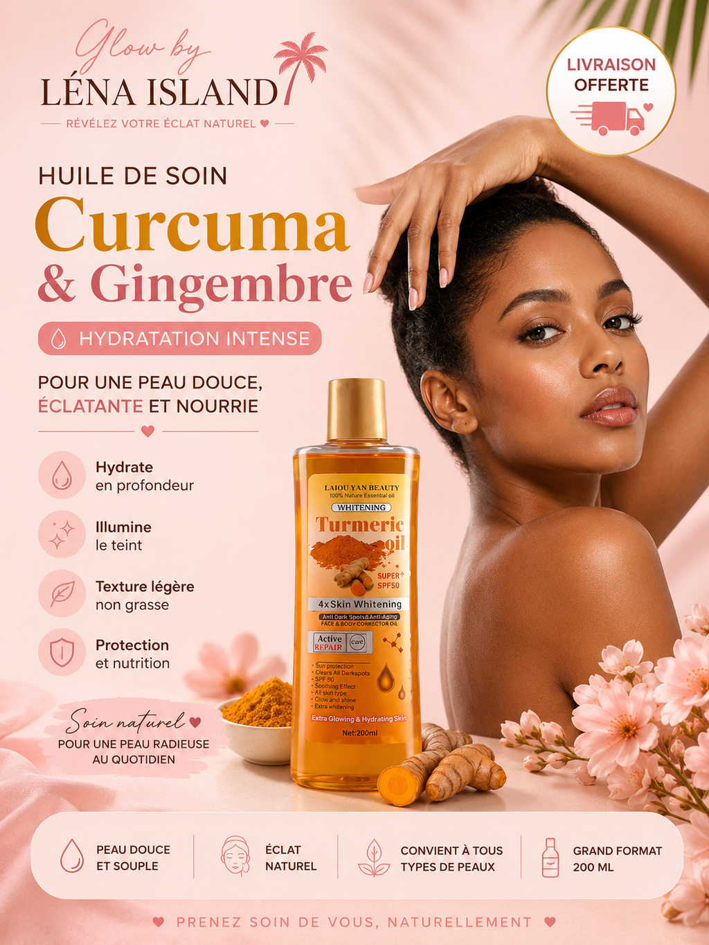 ✨ Huile de Soin Curcuma & Gingembre 200 ml | Hydratation Intense & Éclat Naturel 💛