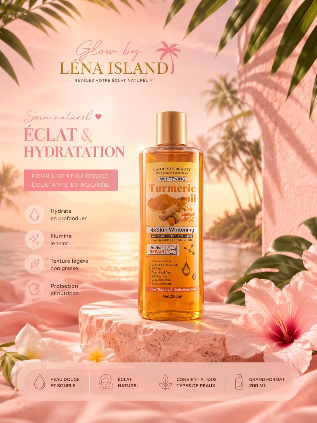 ✨ Huile de Soin Curcuma & Gingembre 200 ml | Hydratation Intense & Éclat Naturel 💛