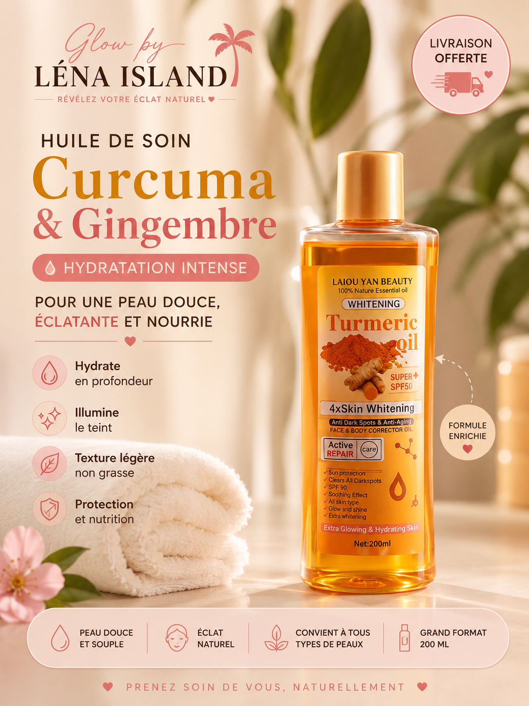 ✨ Huile de Soin Curcuma & Gingembre 200 ml | Hydratation Intense & Éclat Naturel 💛