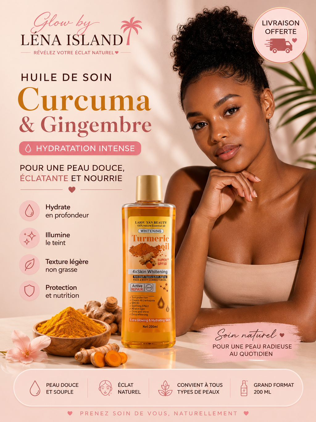 ✨ Huile de Soin Curcuma & Gingembre 200 ml | Hydratation Intense & Éclat Naturel 💛