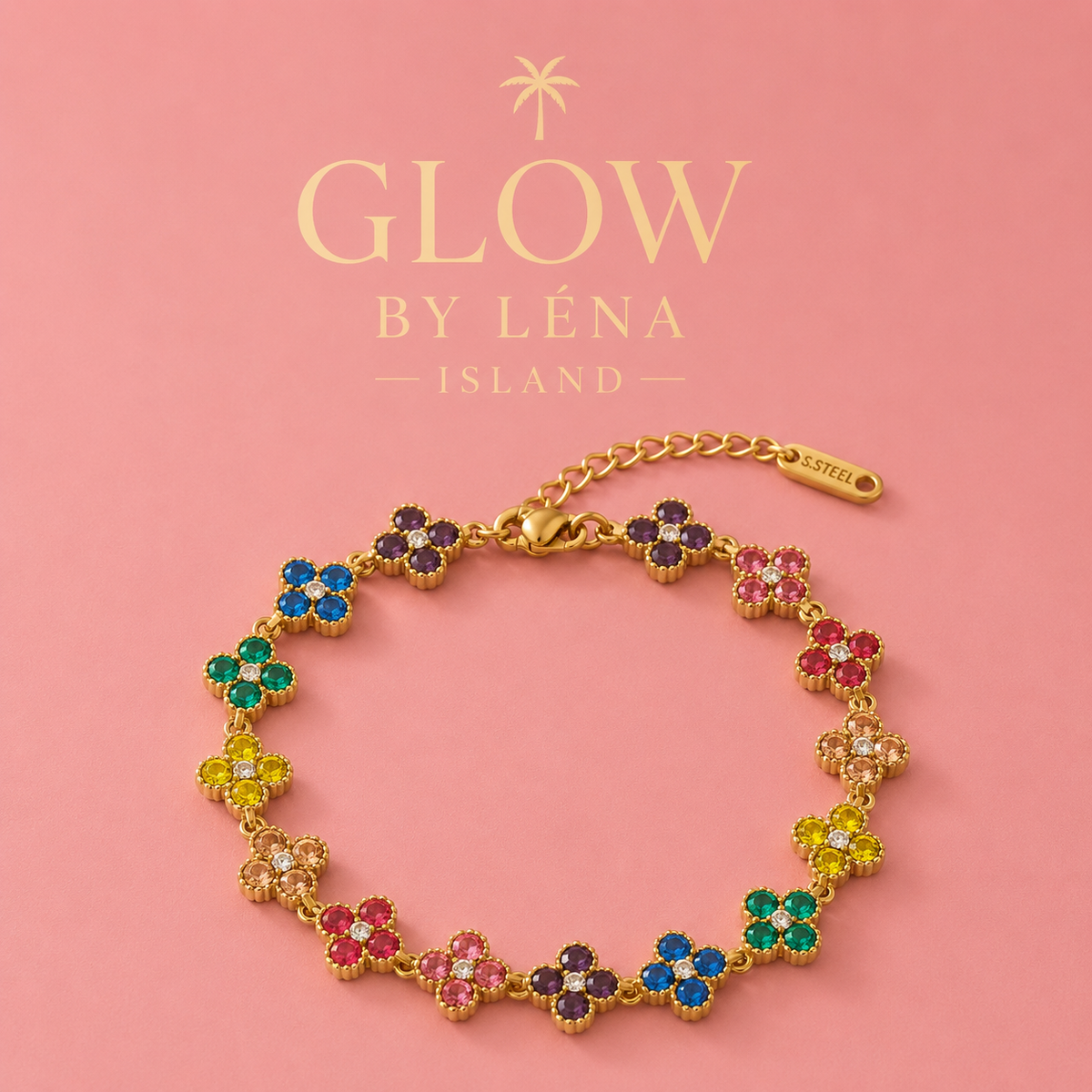 🦋Bracelet Fleurs Colorées en Acier Inoxydable Doré 🦋
