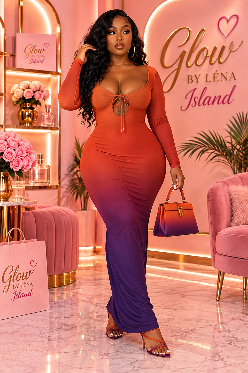 💚🍊 Robe Maxi Dégradée Dos Nu – Glamour & Audacieuse ✨