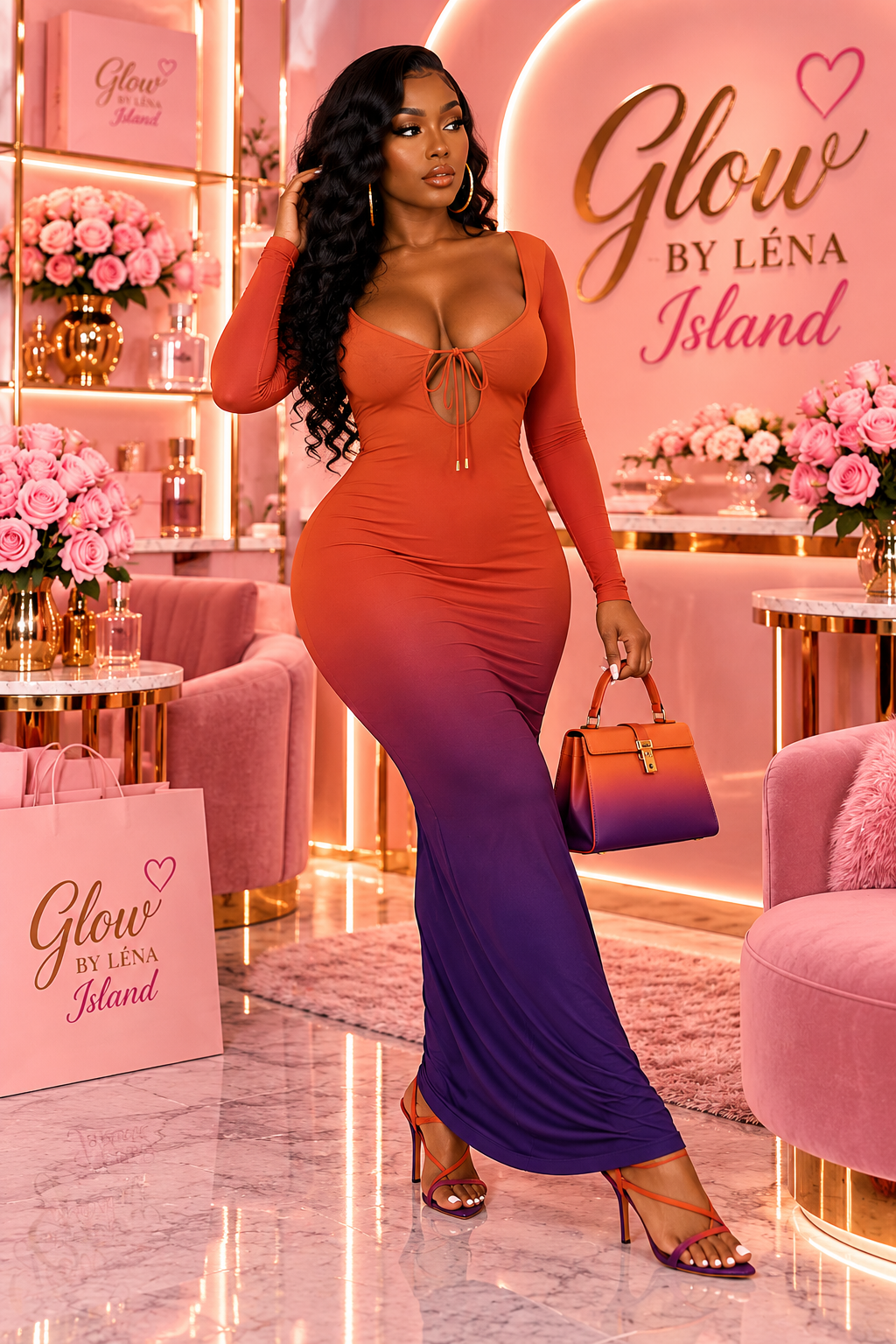 💚🍊 Robe Maxi Dégradée Dos Nu – Glamour & Audacieuse ✨