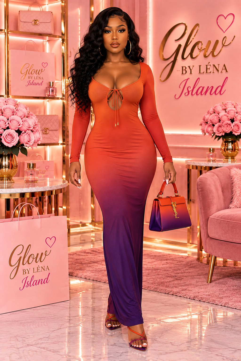 💚🍊 Robe Maxi Dégradée Dos Nu – Glamour & Audacieuse ✨
