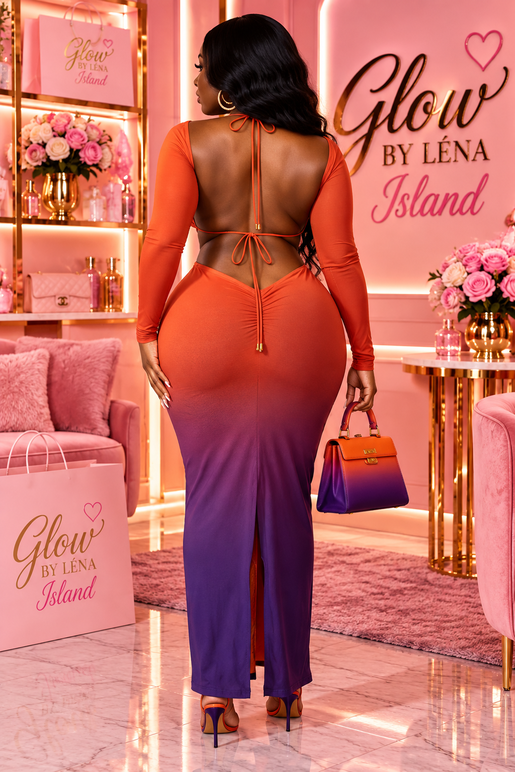 💚🍊 Robe Maxi Dégradée Dos Nu – Glamour & Audacieuse ✨