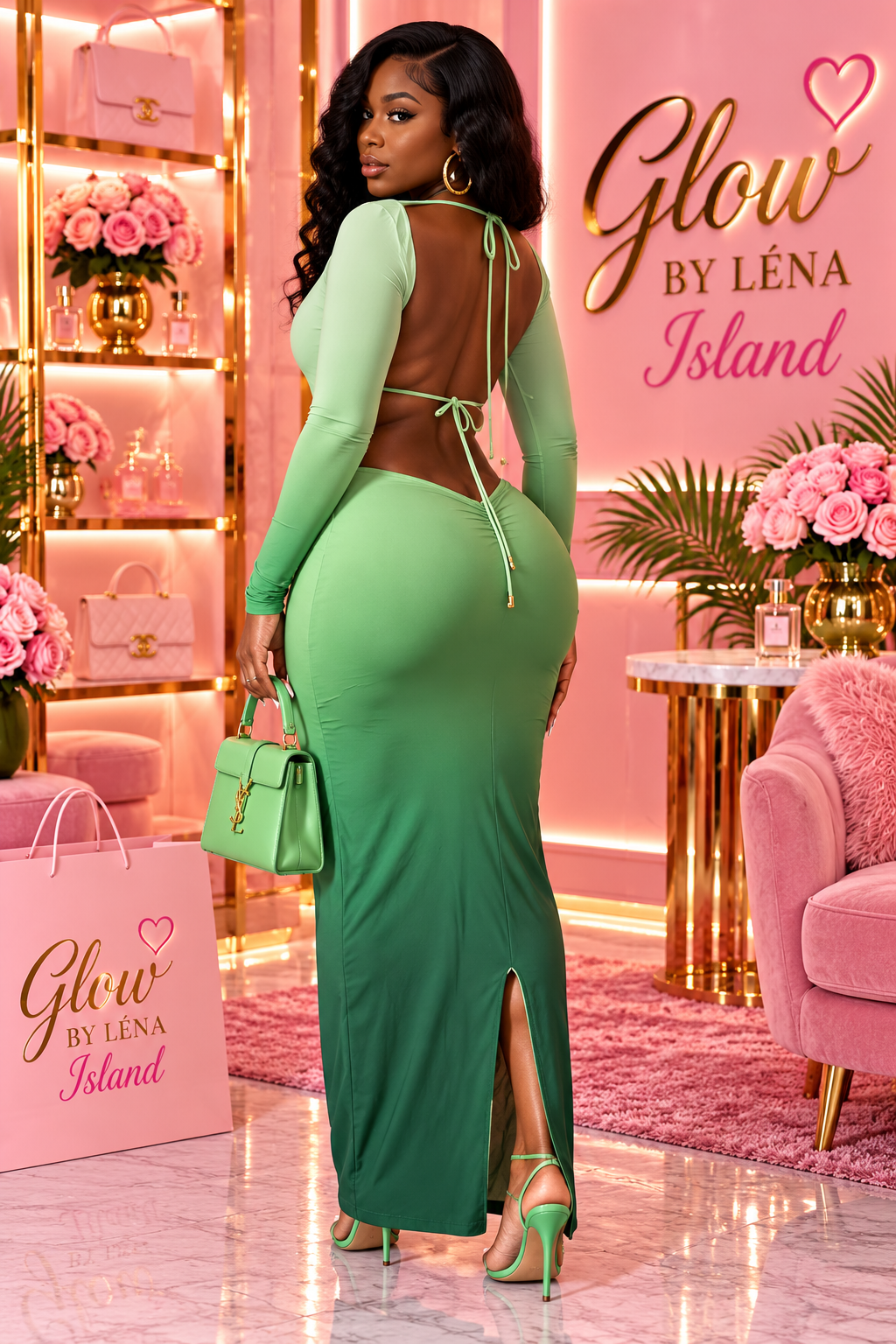 💚🍊 Robe Maxi Dégradée Dos Nu – Glamour & Audacieuse ✨