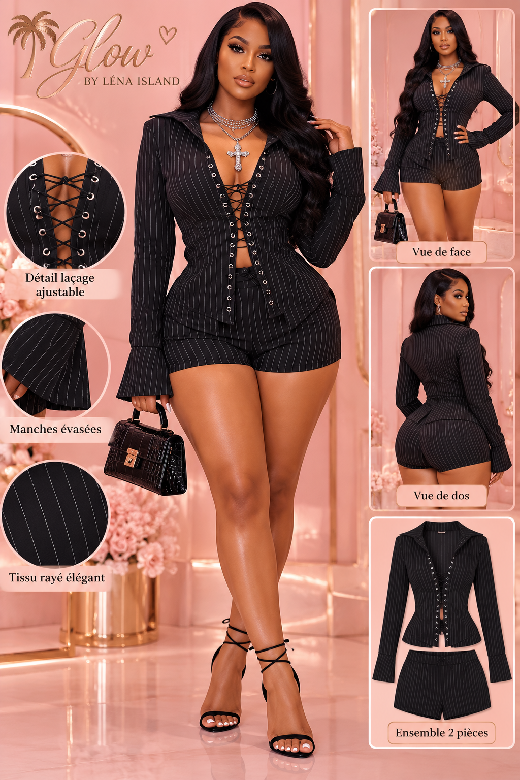 🤍 Ensemble Femme 2 Pièces Chic – Chemise à Lacets & Short Assorti ✨