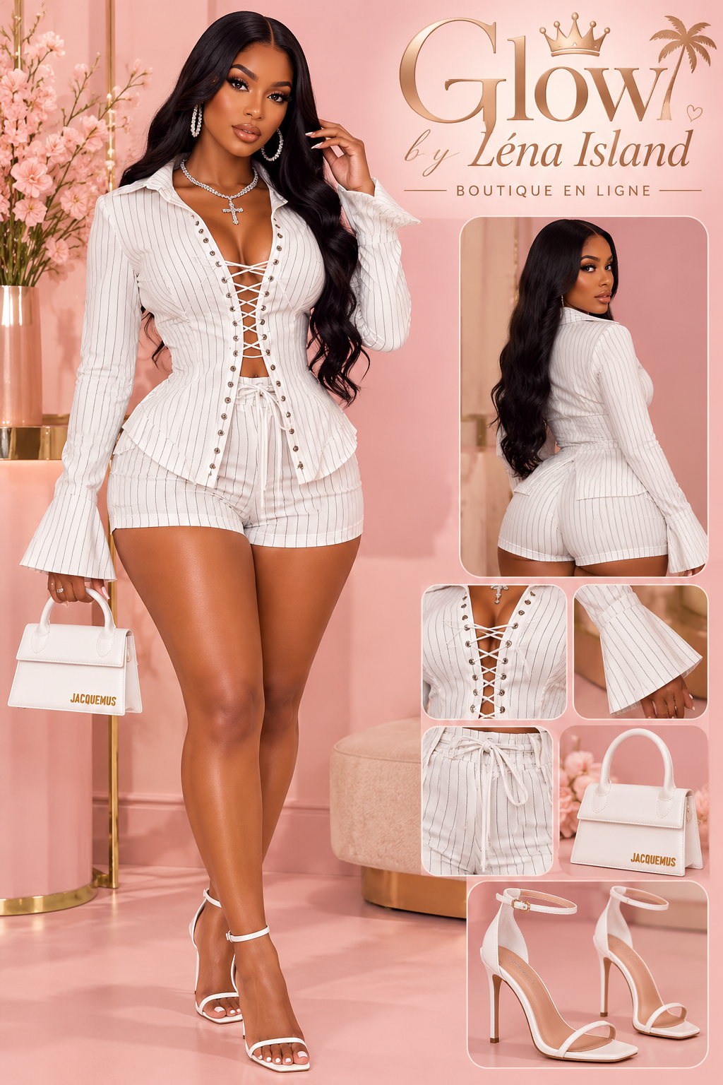 🤍 Ensemble Femme 2 Pièces Chic – Chemise à Lacets & Short Assorti ✨