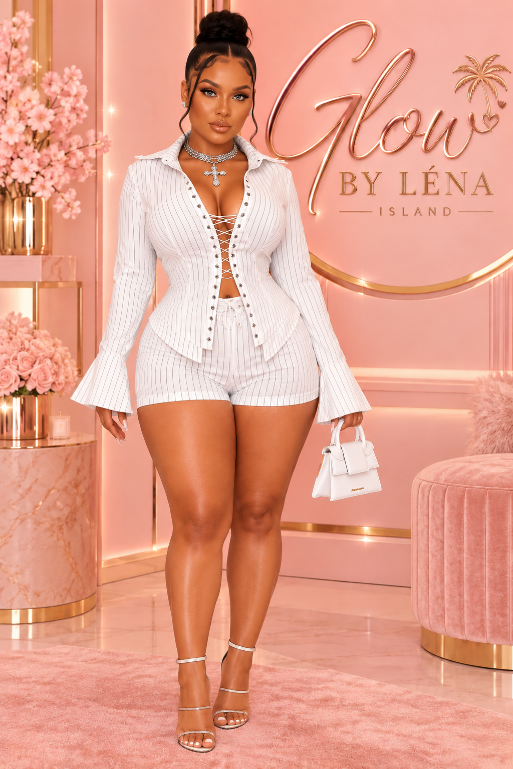 🤍 Ensemble Femme 2 Pièces Chic – Chemise à Lacets & Short Assorti ✨