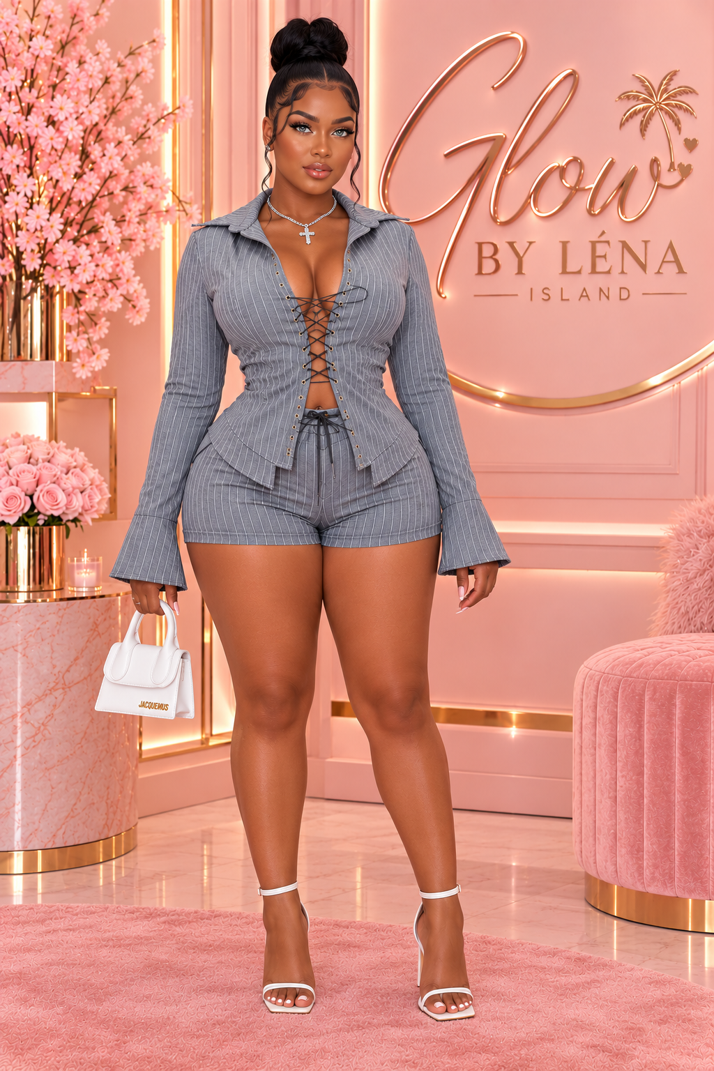 🤍 Ensemble Femme 2 Pièces Chic – Chemise à Lacets & Short Assorti ✨