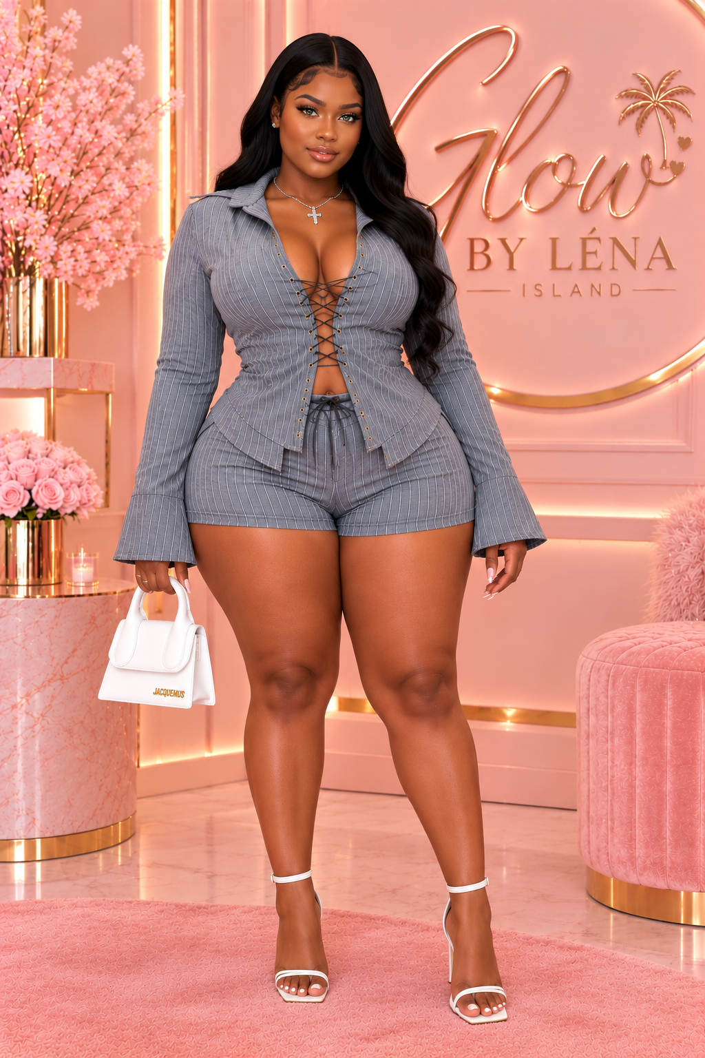 🤍 Ensemble Femme 2 Pièces Chic – Chemise à Lacets & Short Assorti ✨