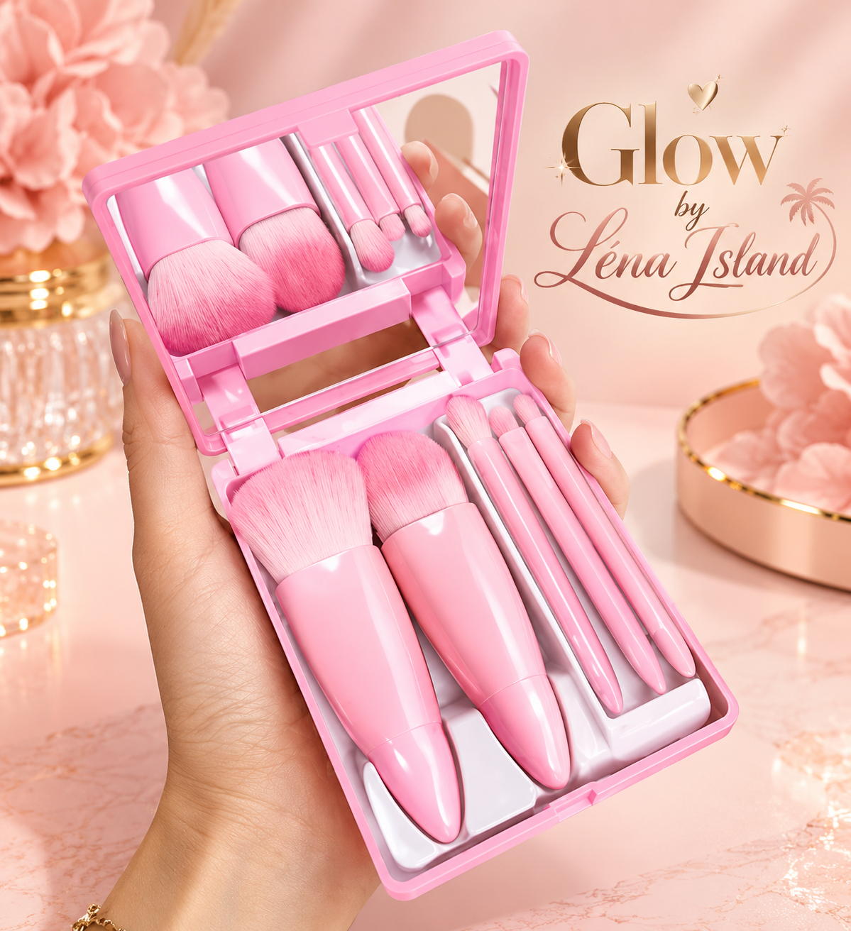 ✨ Mini Kit de Pinceaux Maquillage de Voyage avec Miroir 💄🌸