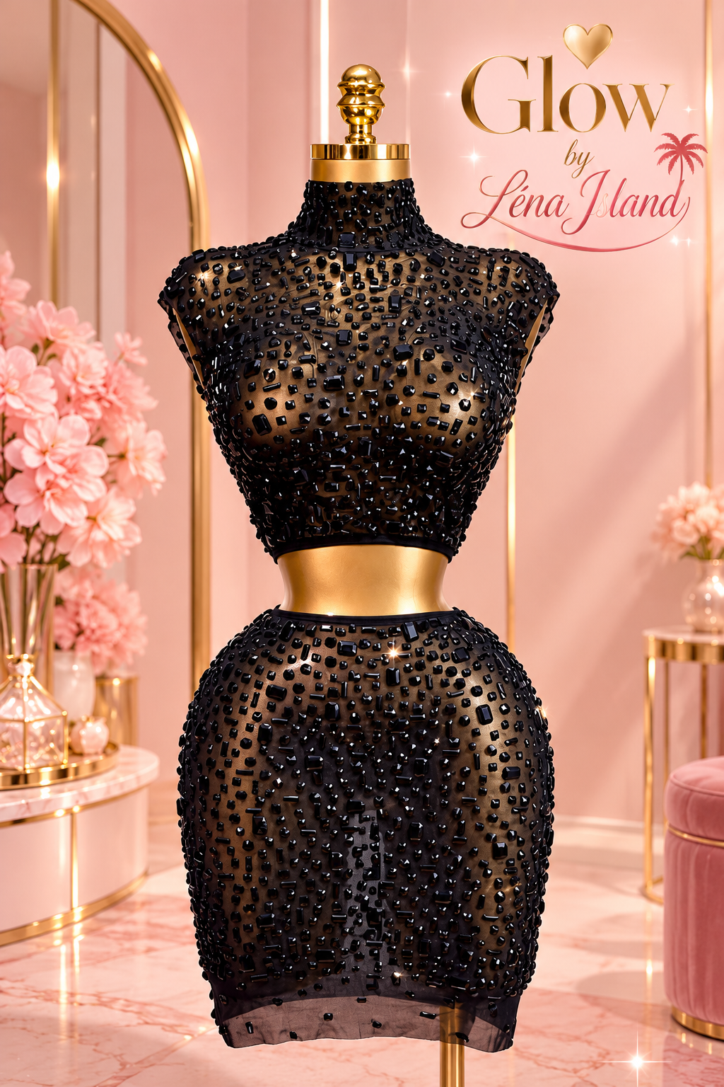 ✨ Ensemble 2 Pièces Strass Glamour – Top Court & Jupe Scintillante 💎