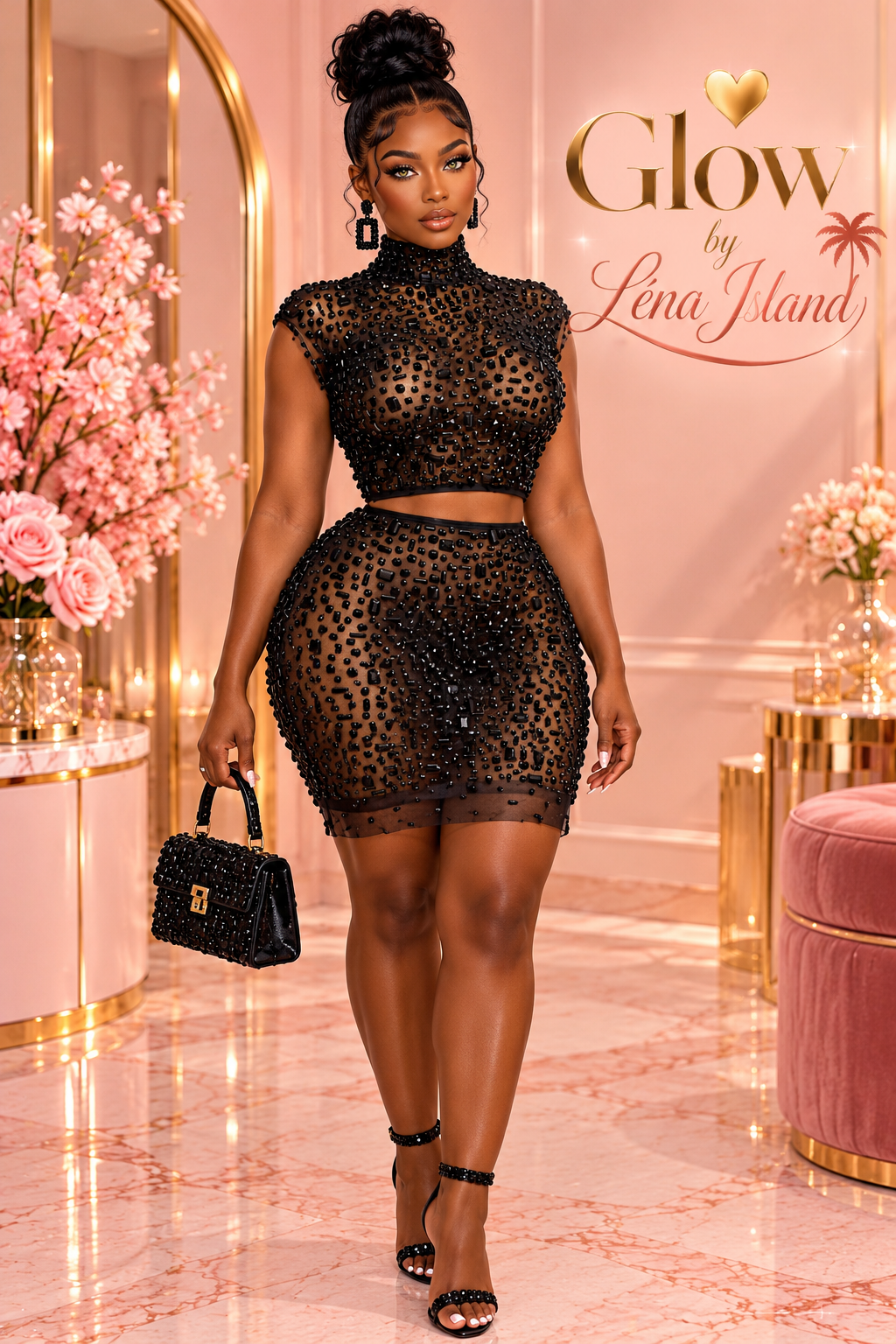 ✨ Ensemble 2 Pièces Strass Glamour – Top Court & Jupe Scintillante 💎