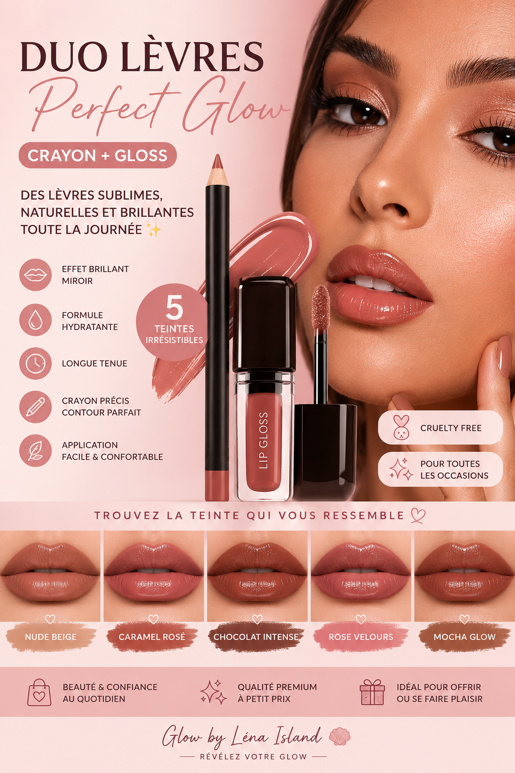 💖 Duo Lèvres Perfect Glow – Crayon + Gloss Ultra Brillant ✨