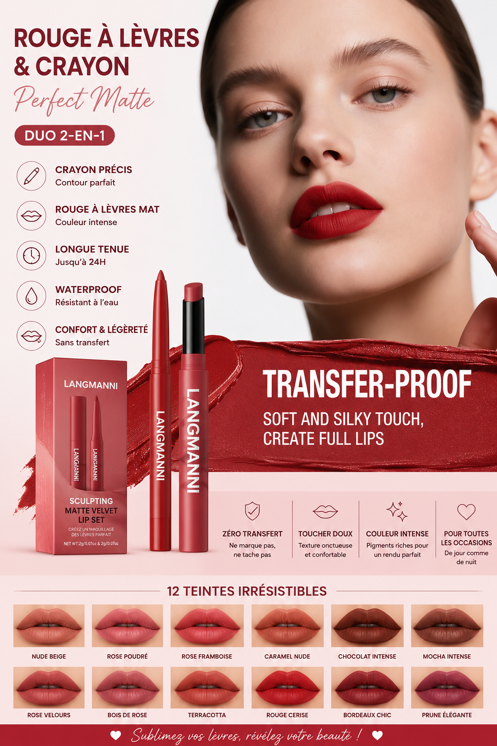 Integrated waterproof lipliner+lipstick lipstick lipstick set,no smudge,no fade,no cup,durable,easy to create a perfect makeup!