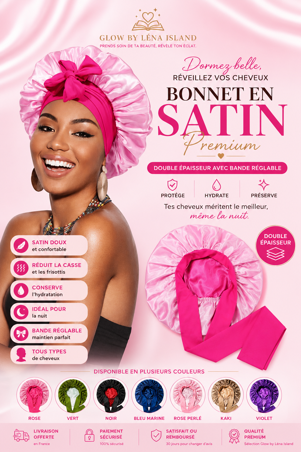 🌸Bonnet en Satin Premium – Double Épaisseur avec Bande Réglable | Protection des Cheveux Jour & Nuit✨