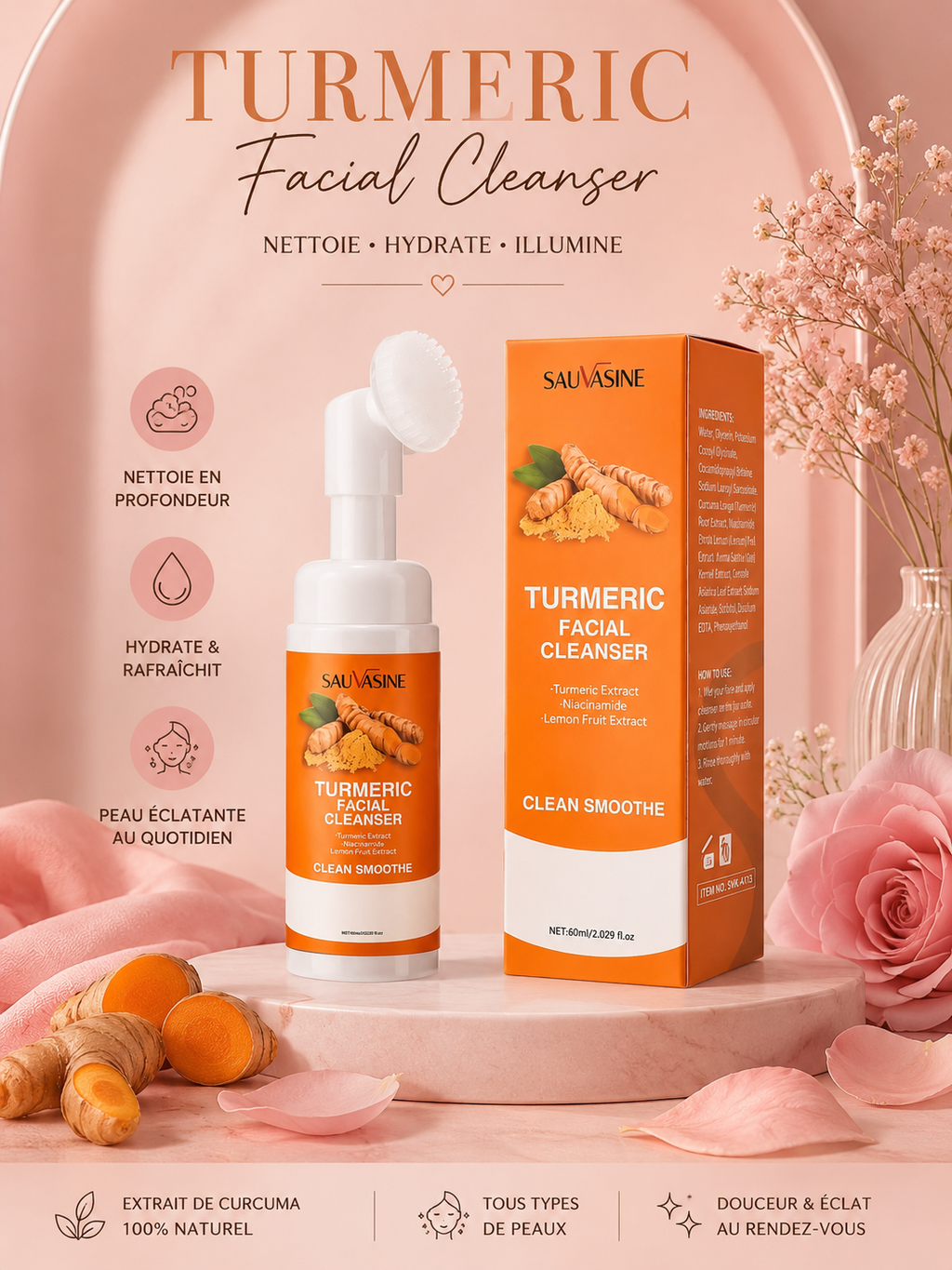 🧡 
Nettoyant Visage au Curcuma avec Brosse en Silicone – Mousse Nettoyante Hydratante & Éclat