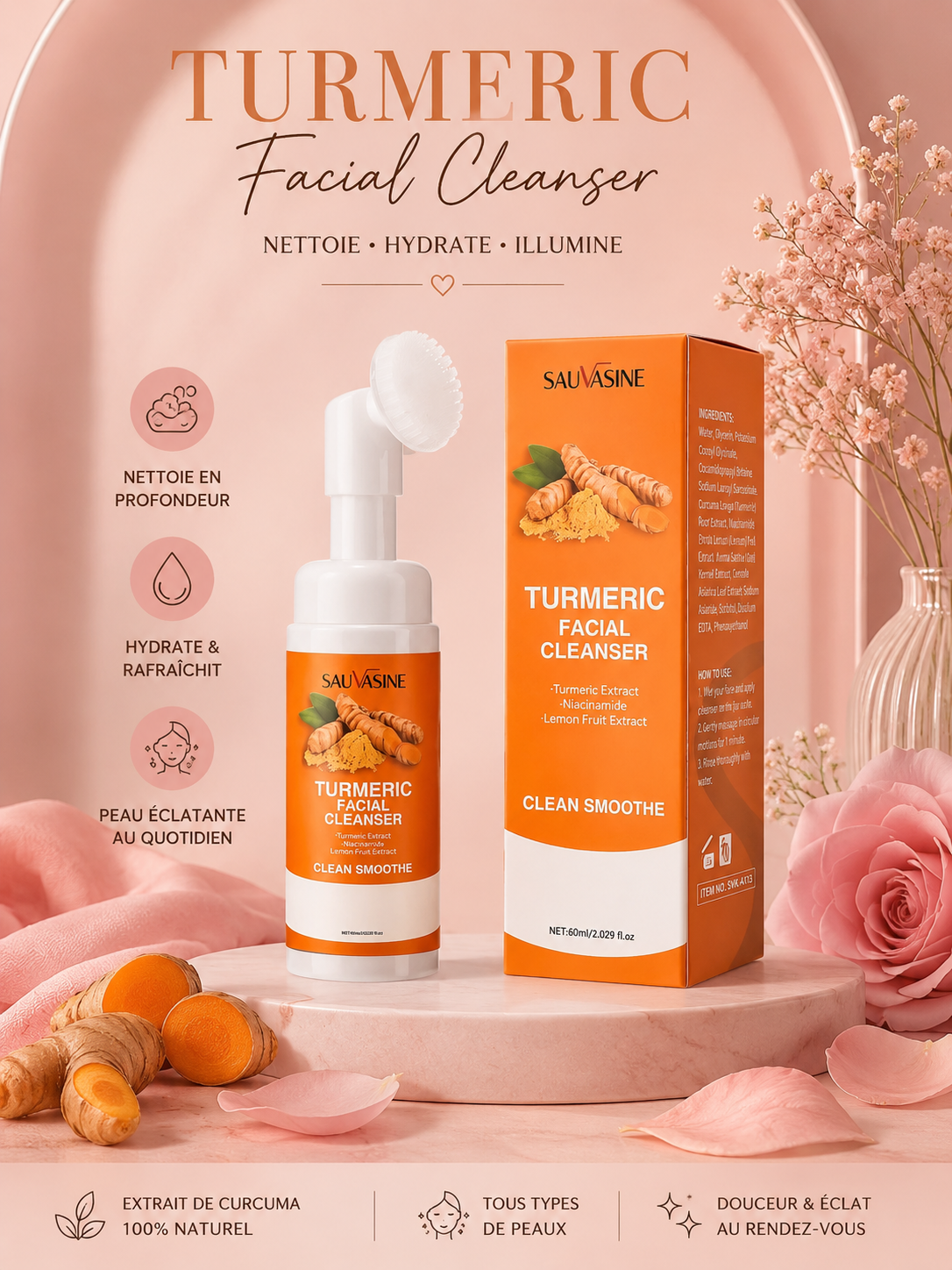 🧡 
Nettoyant Visage au Curcuma avec Brosse en Silicone – Mousse Nettoyante Hydratante & Éclat