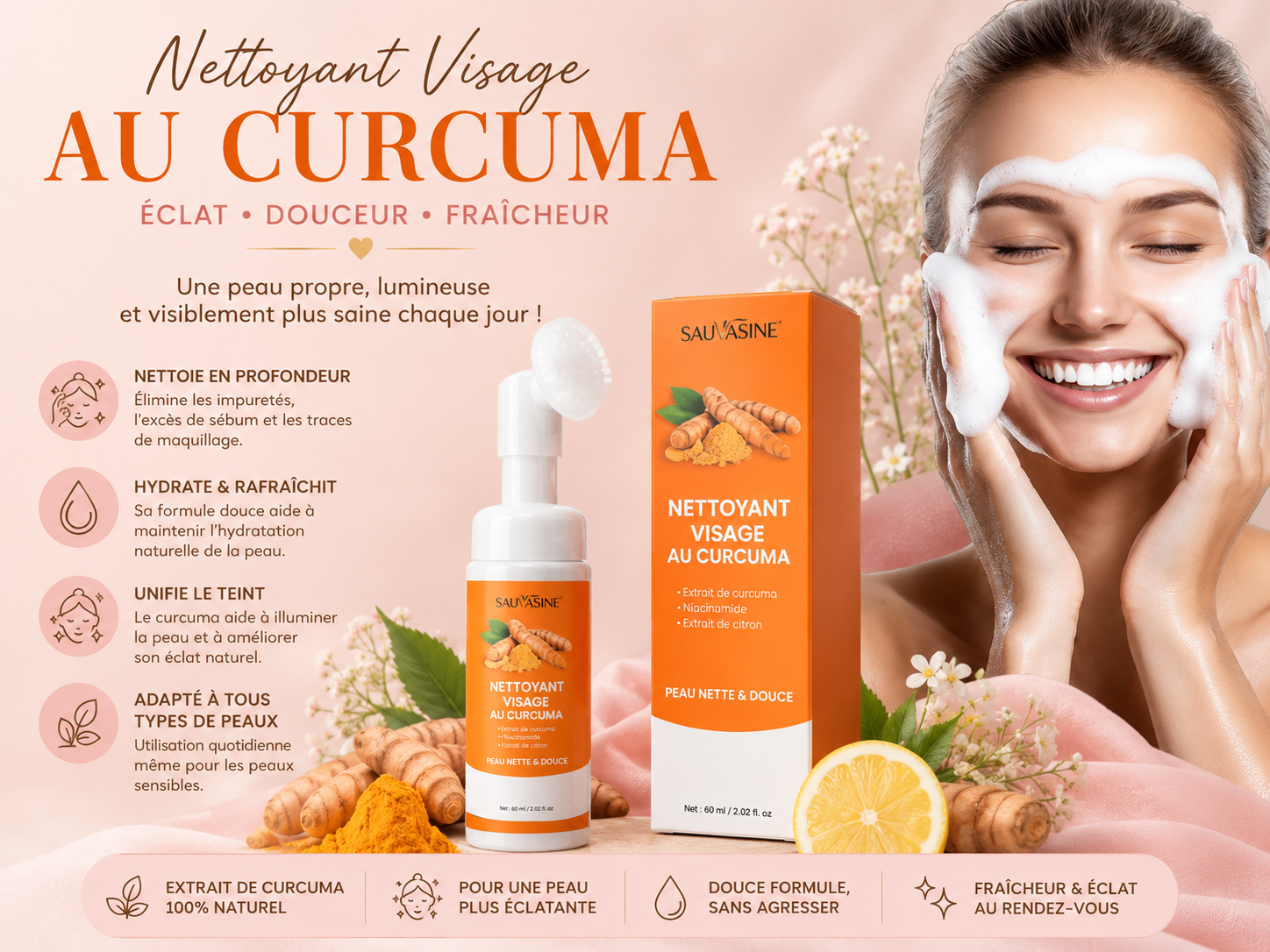 🧡 
Nettoyant Visage au Curcuma avec Brosse en Silicone – Mousse Nettoyante Hydratante & Éclat