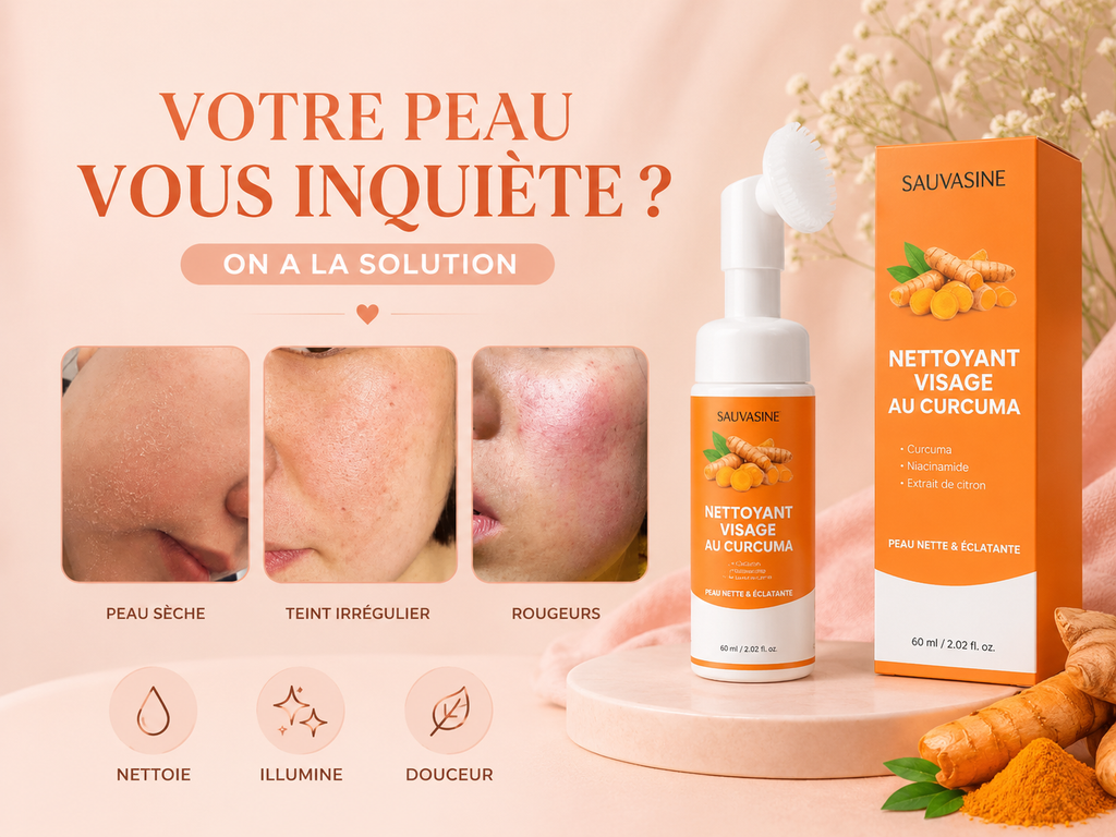🧡 
Nettoyant Visage au Curcuma avec Brosse en Silicone – Mousse Nettoyante Hydratante & Éclat