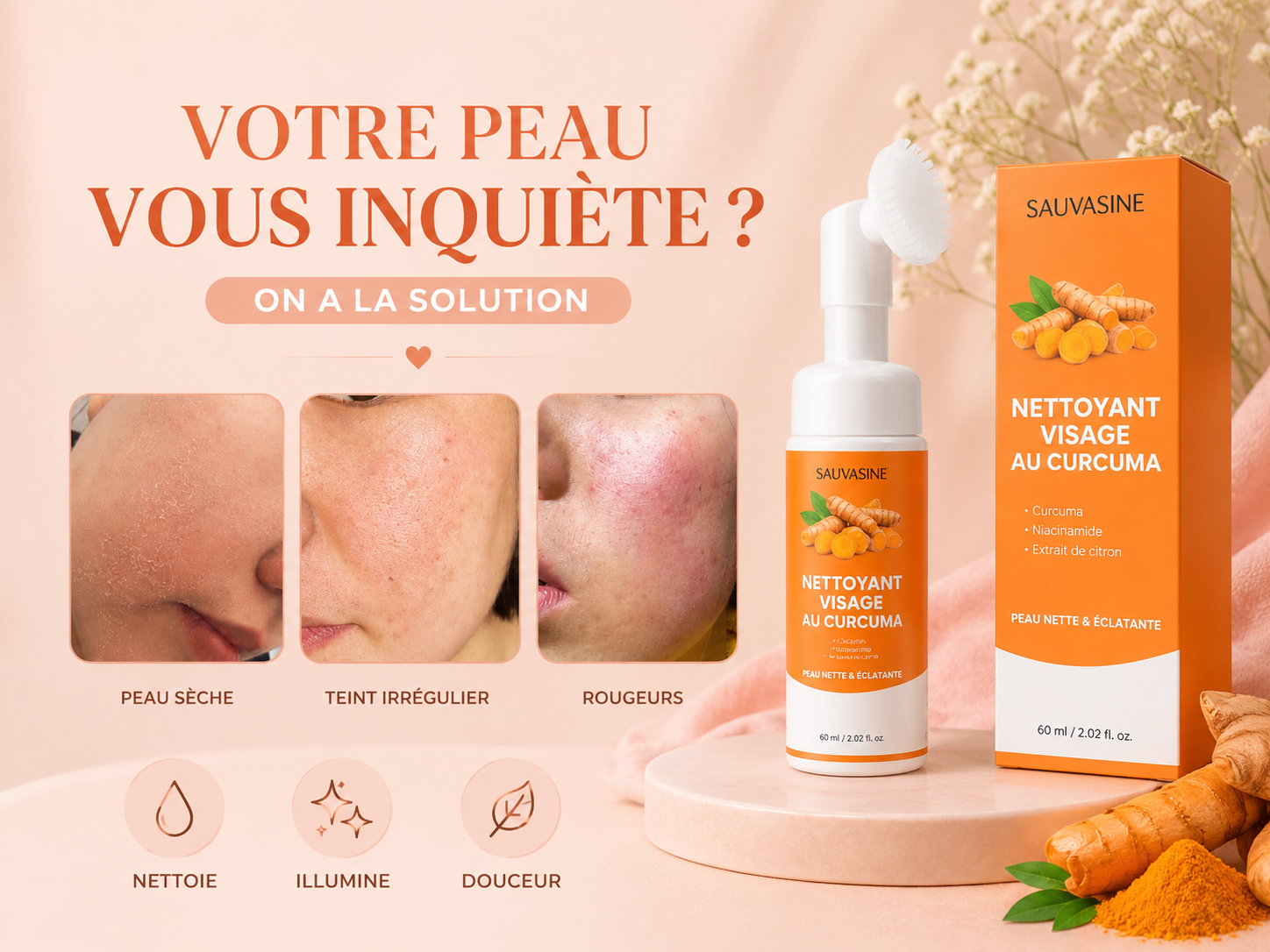 🧡 
Nettoyant Visage au Curcuma avec Brosse en Silicone – Mousse Nettoyante Hydratante & Éclat
