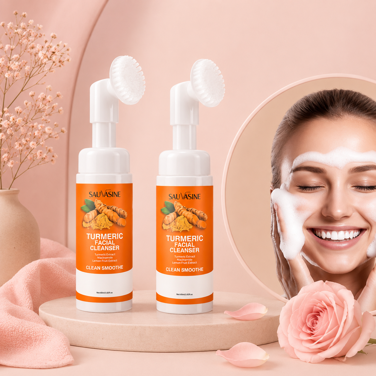🧡 
Nettoyant Visage au Curcuma avec Brosse en Silicone – Mousse Nettoyante Hydratante & Éclat