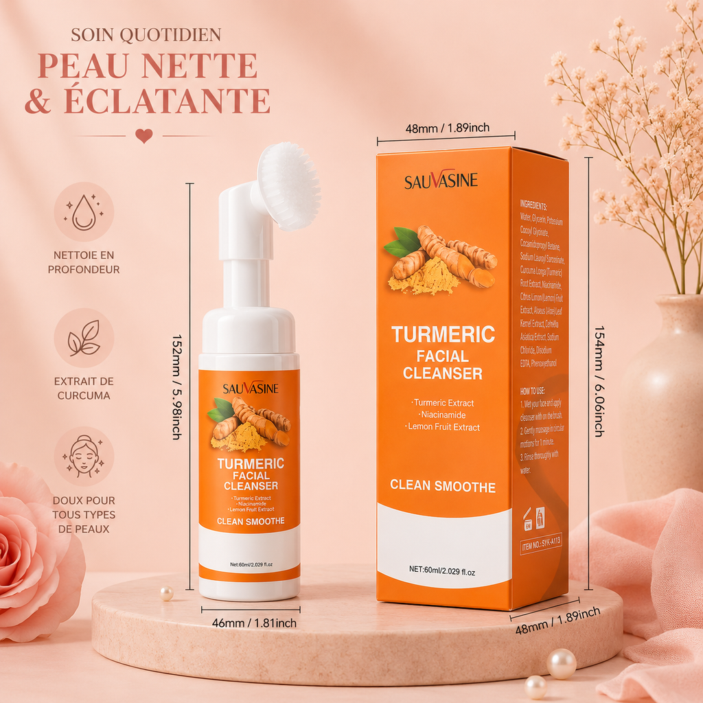 🧡 
Nettoyant Visage au Curcuma avec Brosse en Silicone – Mousse Nettoyante Hydratante & Éclat