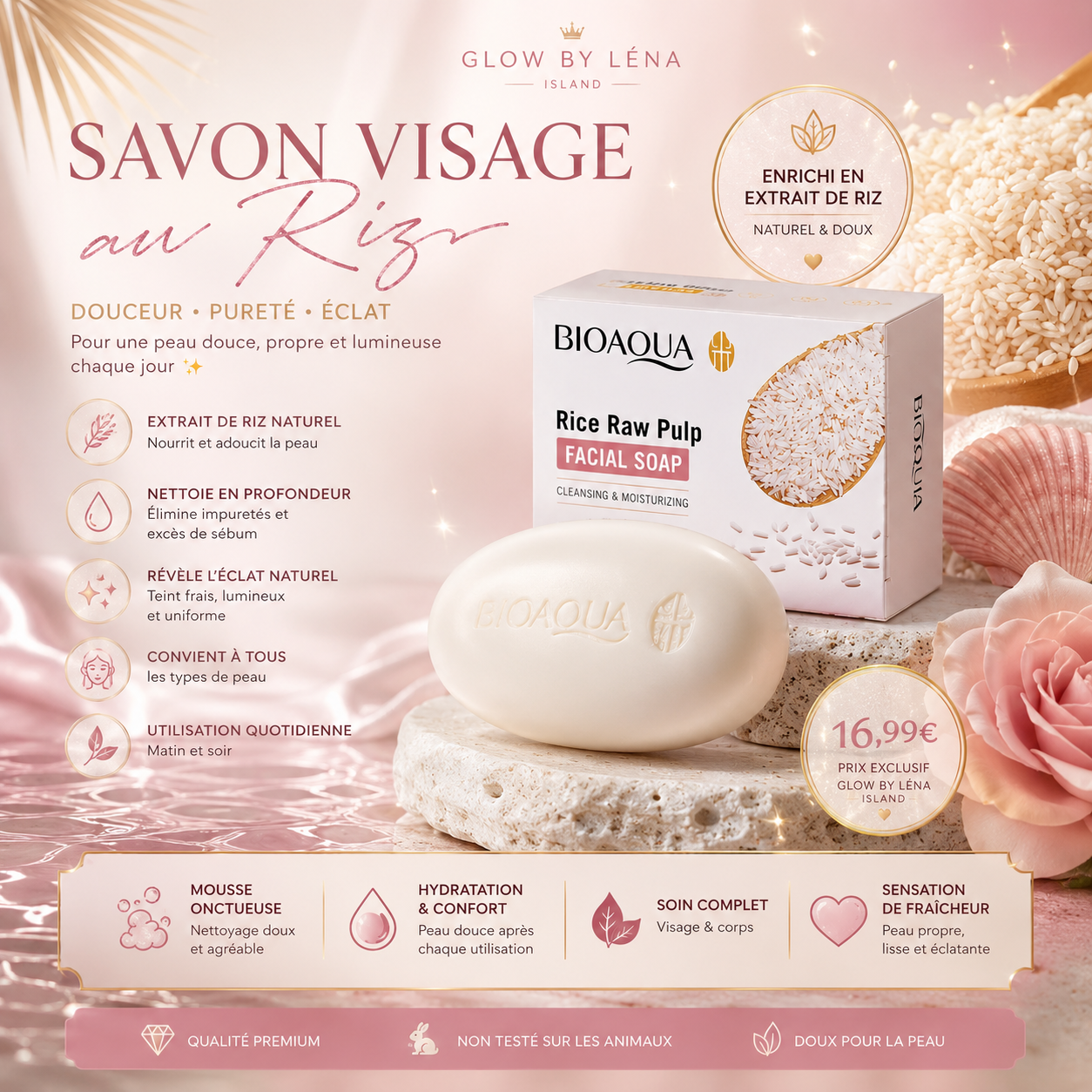 🌾 Savon Visage au Riz BIOAQUA – Nettoyant Hydratant & Éclat Naturel ✨