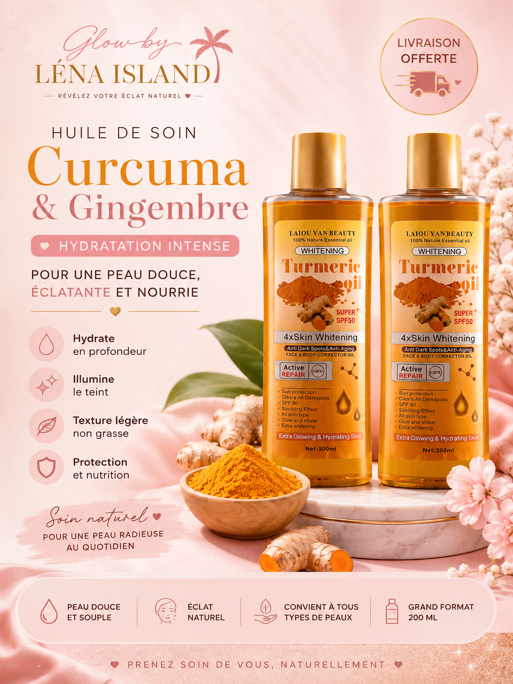 ✨ Huile de Soin Curcuma & Gingembre 200 ml | Hydratation Intense & Éclat Naturel 💛