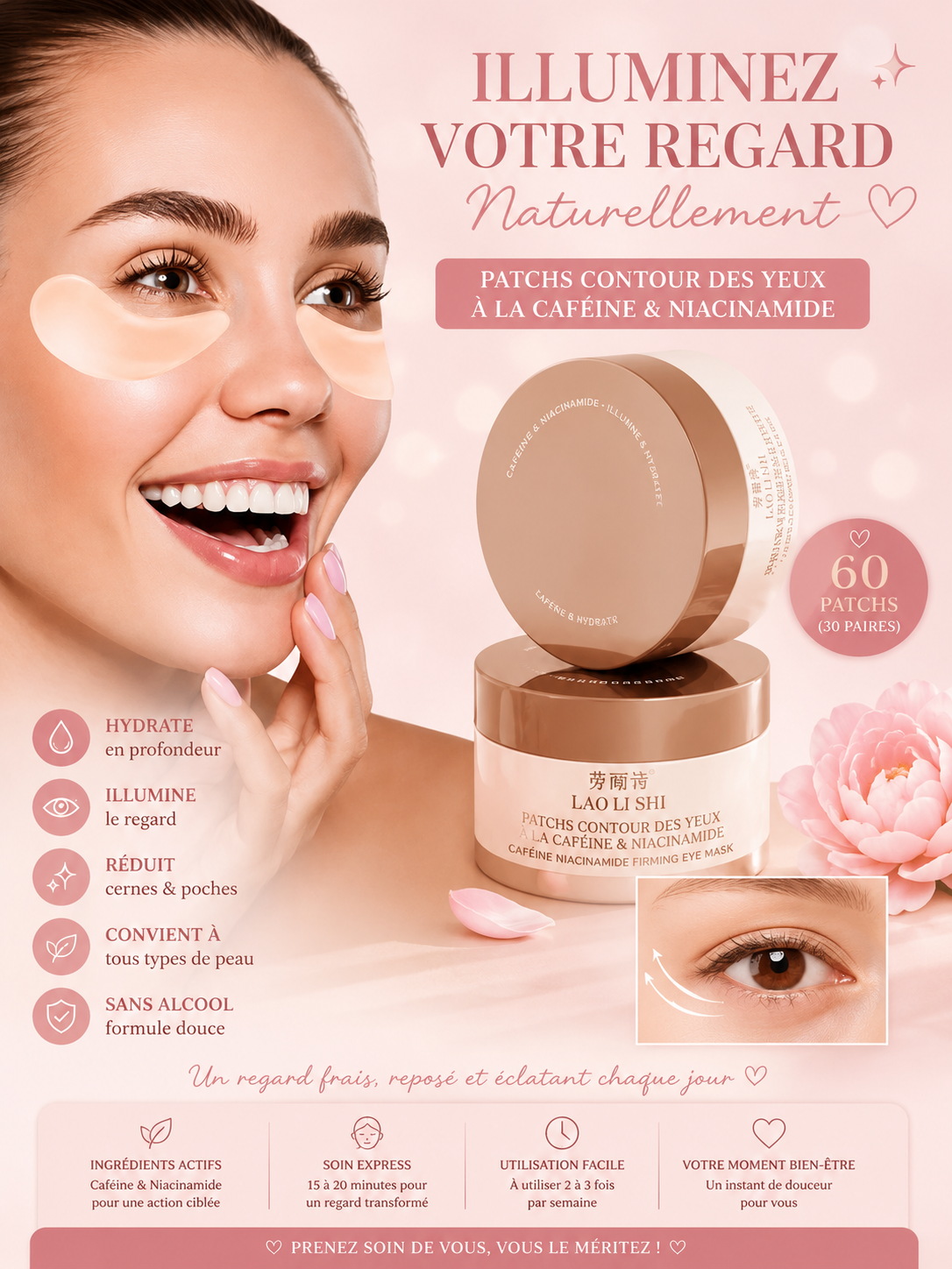 ✨ Patchs Contour des Yeux Caféine & Niacinamide – 60 Patchs Anti-Cernes & Anti-Poches