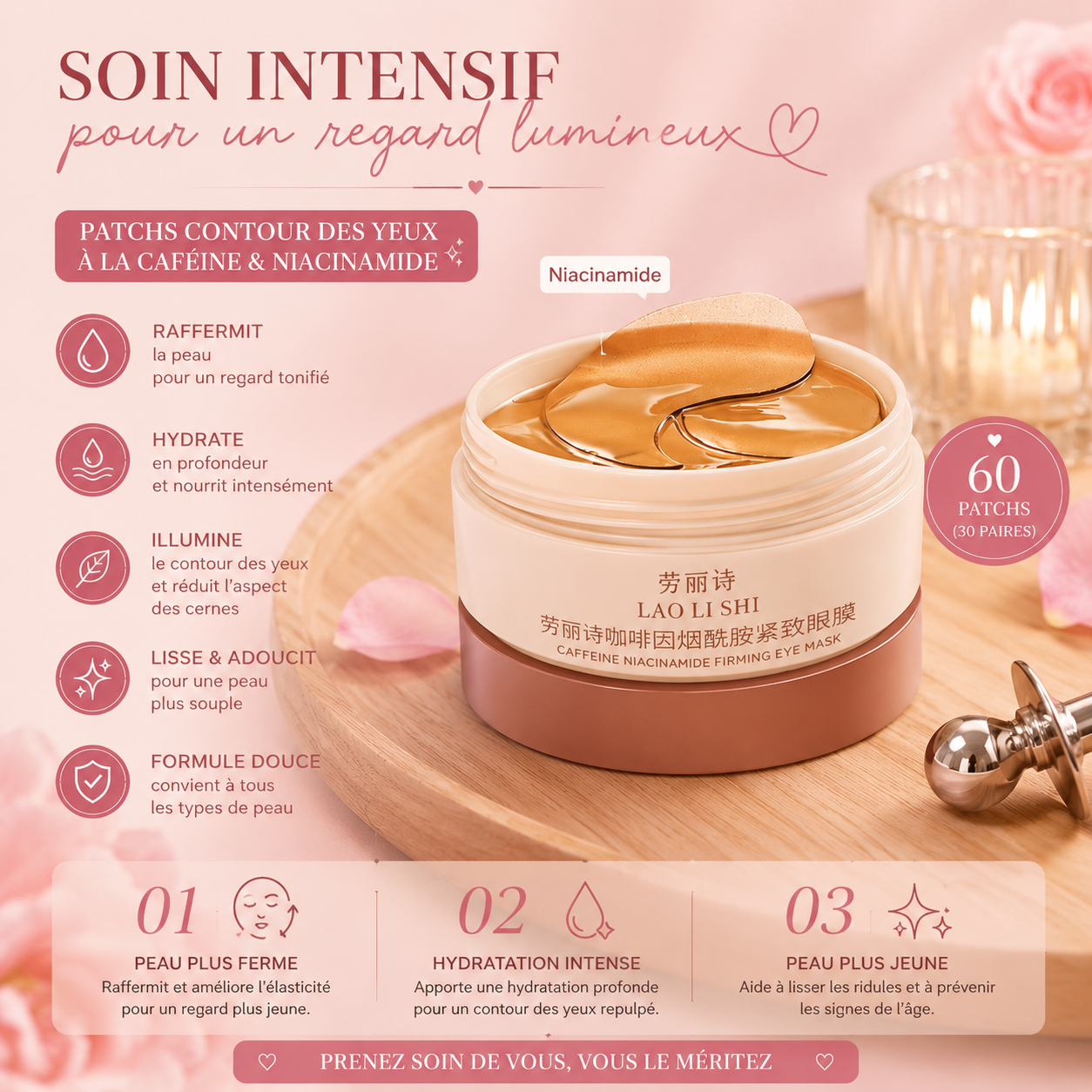 ✨ Patchs Contour des Yeux Caféine & Niacinamide – 60 Patchs Anti-Cernes & Anti-Poches