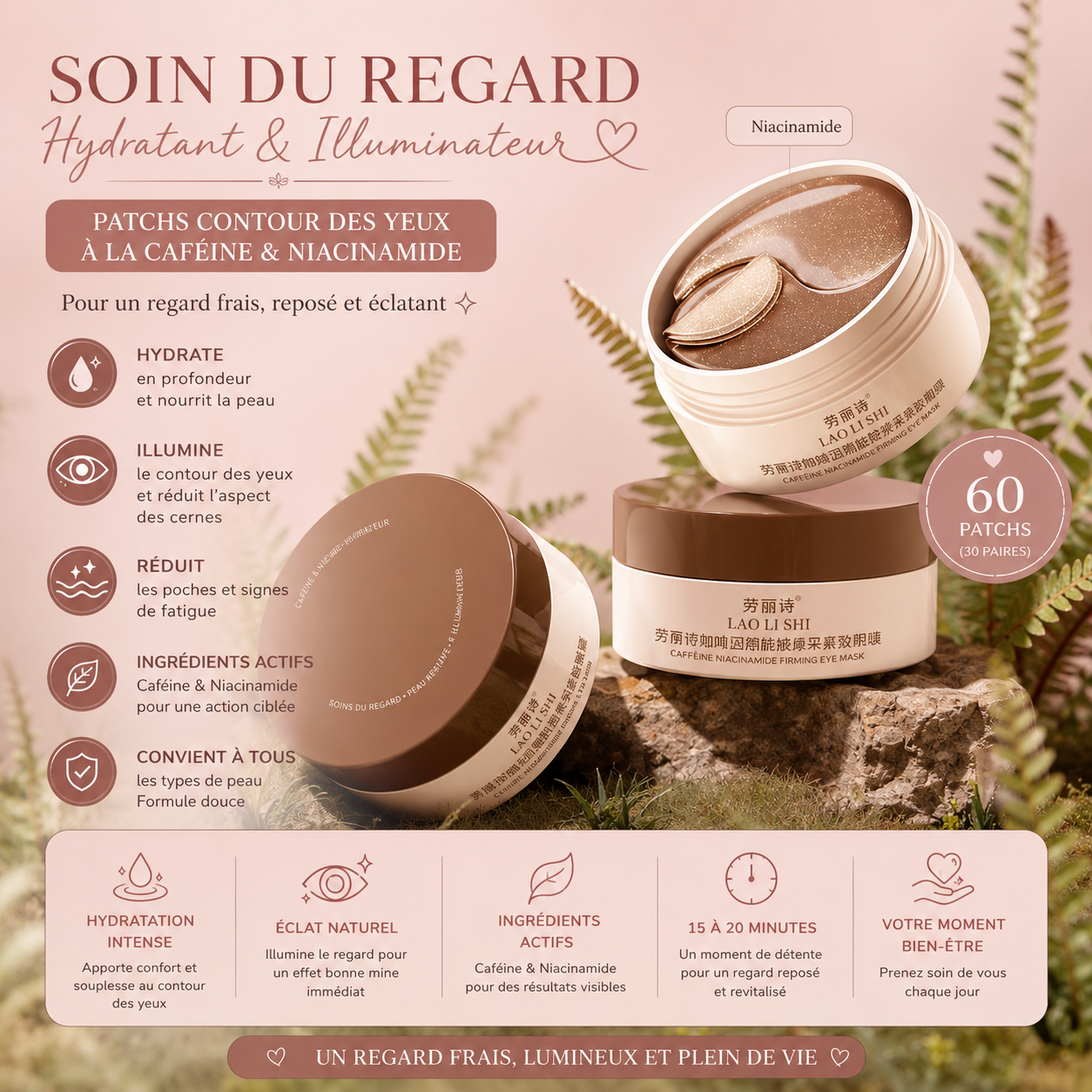 ✨ Patchs Contour des Yeux Caféine & Niacinamide – 60 Patchs Anti-Cernes & Anti-Poches
