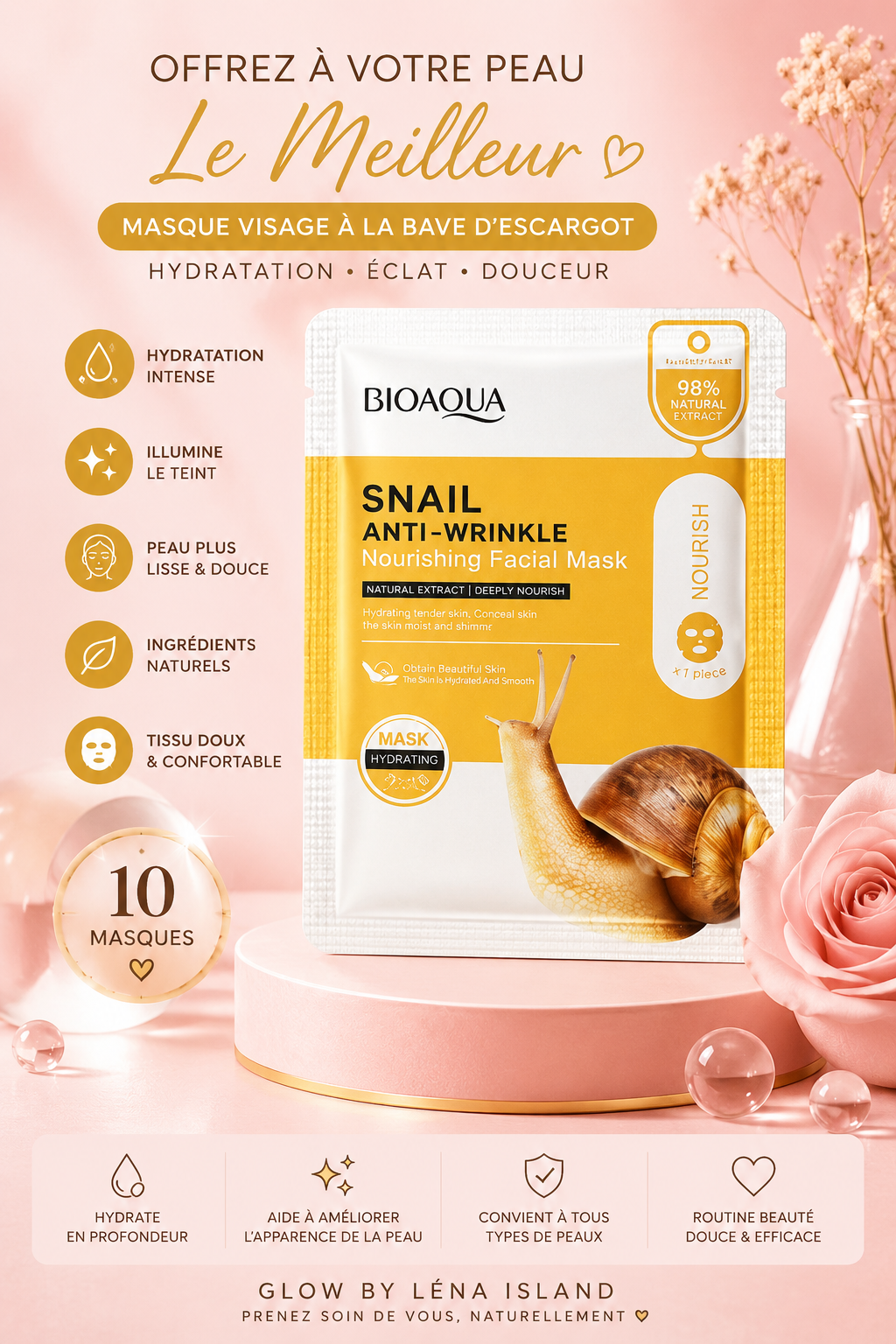 🐌 Masque Visage à la Bave d’Escargot | Hydratation Intense & Peau Éclatante 💛