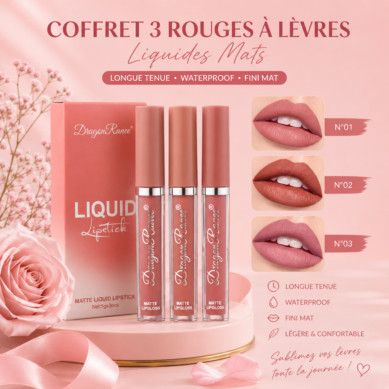 💄✨ Coffret de 3 Rouges à Lèvres Liquides Mats Longue Tenue 💋