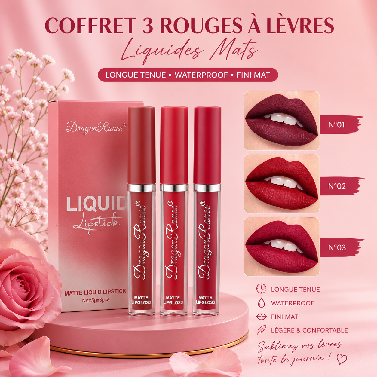 💄✨ Coffret de 3 Rouges à Lèvres Liquides Mats Longue Tenue 💋