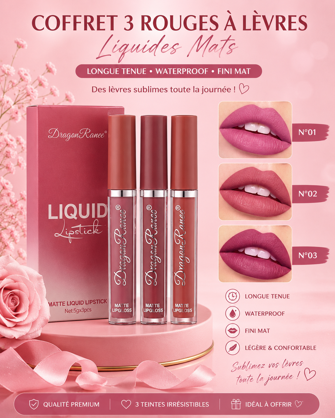 💄✨ Coffret de 3 Rouges à Lèvres Liquides Mats Longue Tenue 💋