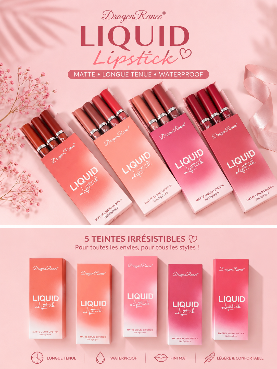 💄✨ Coffret de 3 Rouges à Lèvres Liquides Mats Longue Tenue 💋