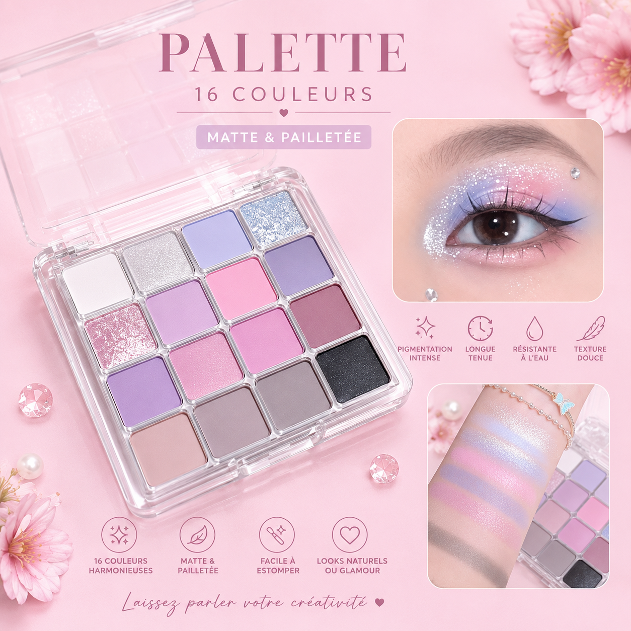 🌸 Palette de Fards à Paupières 16 Couleurs – Mate & Pailletée ✨