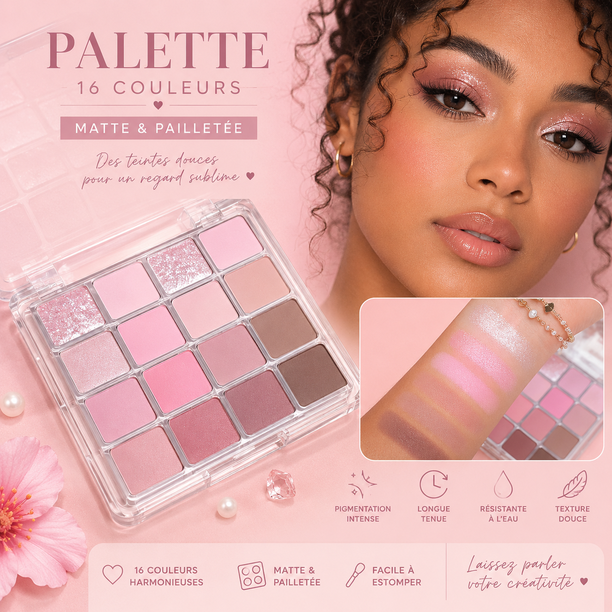 🌸 Palette de Fards à Paupières 16 Couleurs – Mate & Pailletée ✨