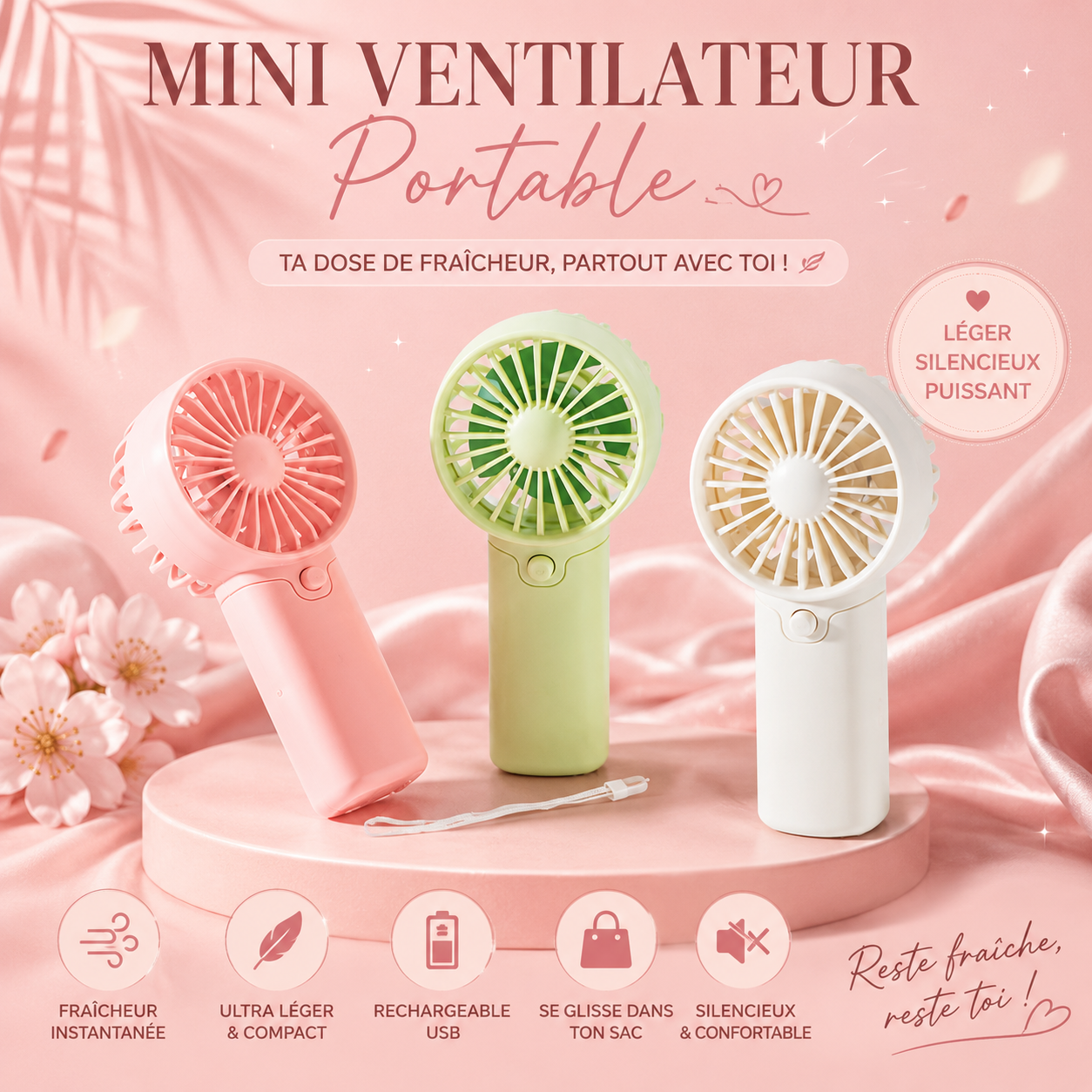 🌸 Mini Ventilateur Portable Rechargeable – Léger, Silencieux & Compact