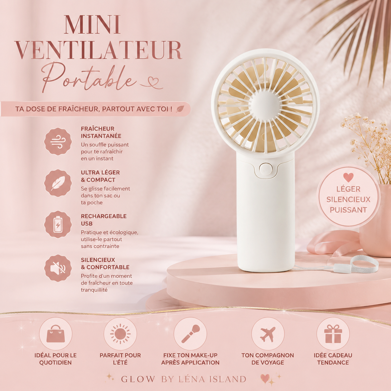 🌸 Mini Ventilateur Portable Rechargeable – Léger, Silencieux & Compact