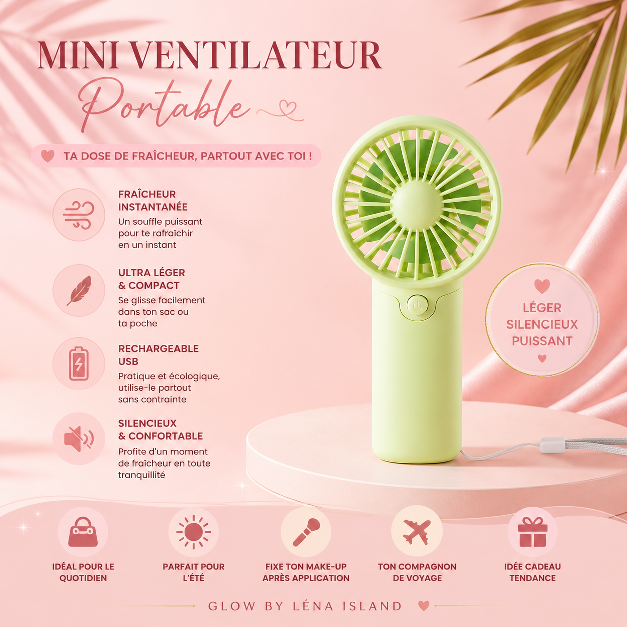 🌸 Mini Ventilateur Portable Rechargeable – Léger, Silencieux & Compact