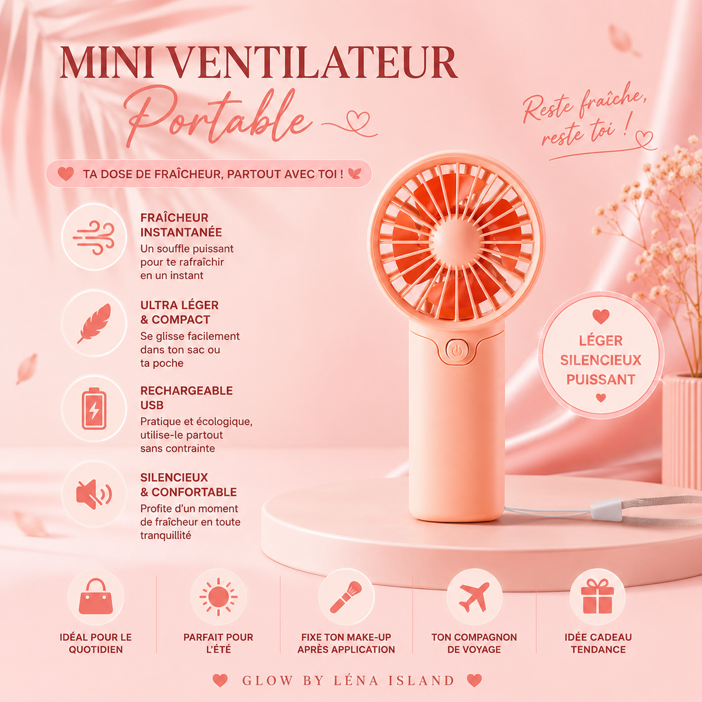 🌸 Mini Ventilateur Portable Rechargeable – Léger, Silencieux & Compact