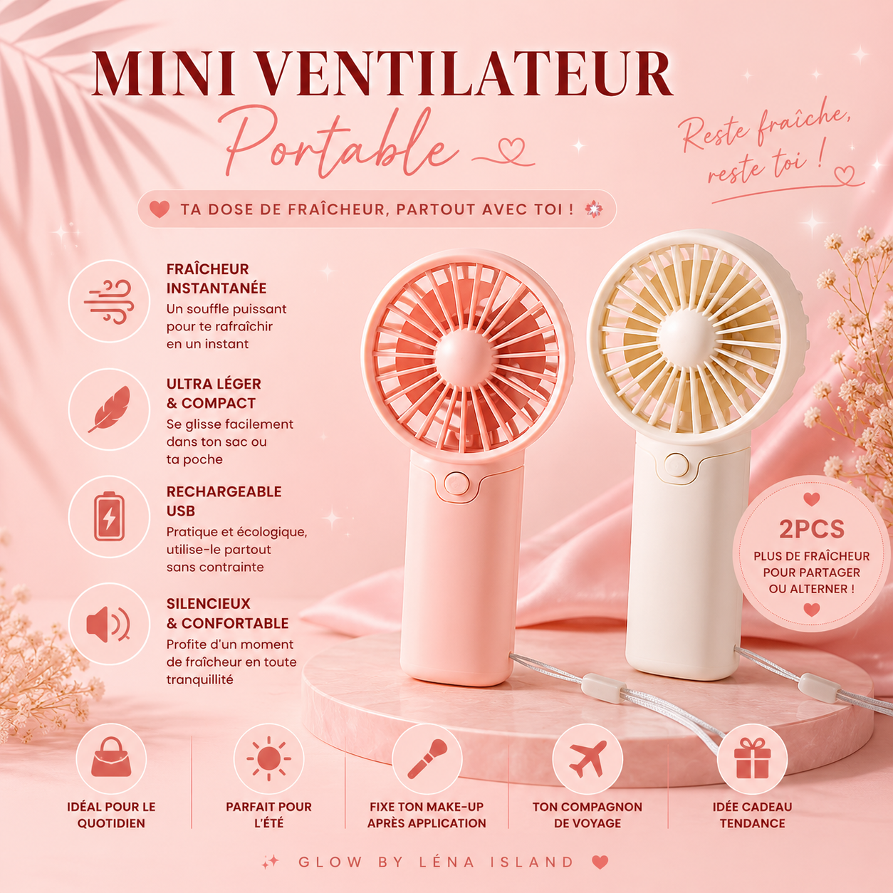 🌸 Mini Ventilateur Portable Rechargeable – Léger, Silencieux & Compact