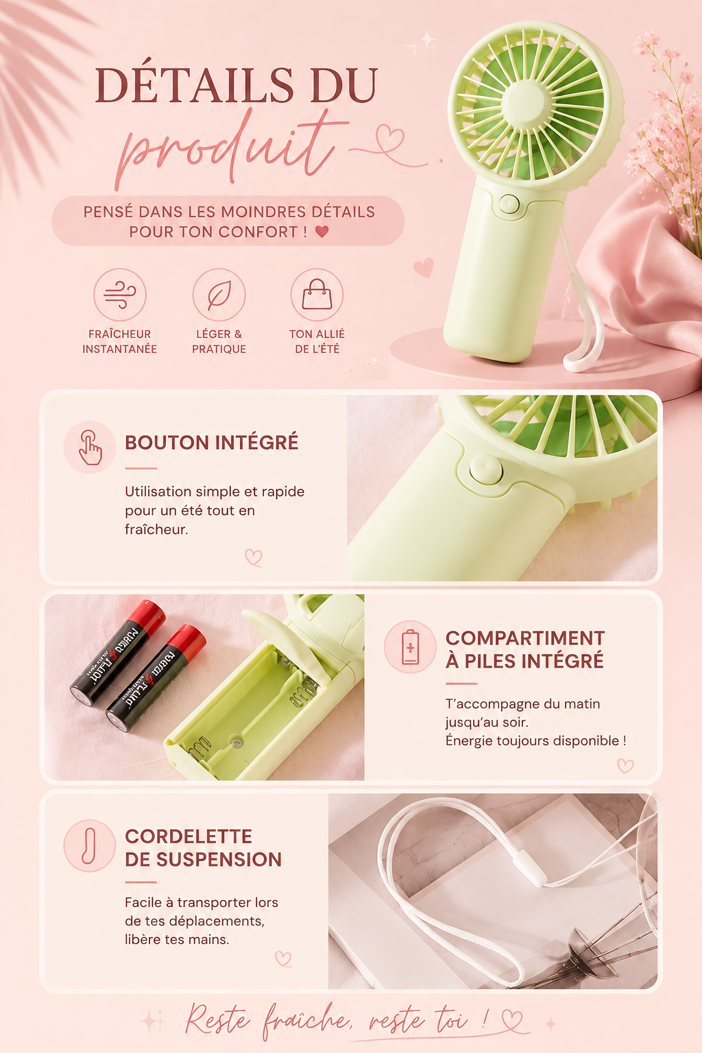 🌸 Mini Ventilateur Portable Rechargeable – Léger, Silencieux & Compact