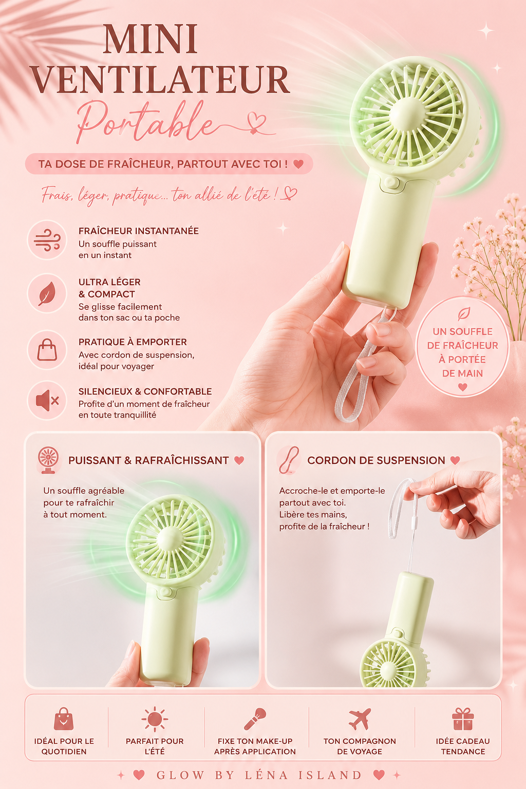 🌸 Mini Ventilateur Portable Rechargeable – Léger, Silencieux & Compact