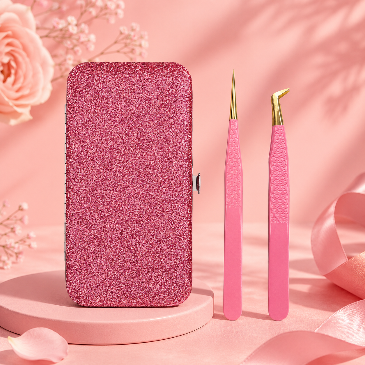 ✨ Kit Professionnel de Pinces à Faux Cils avec Étui Rose 💖