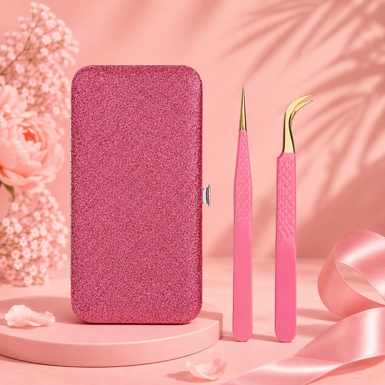 ✨ Kit Professionnel de Pinces à Faux Cils avec Étui Rose 💖